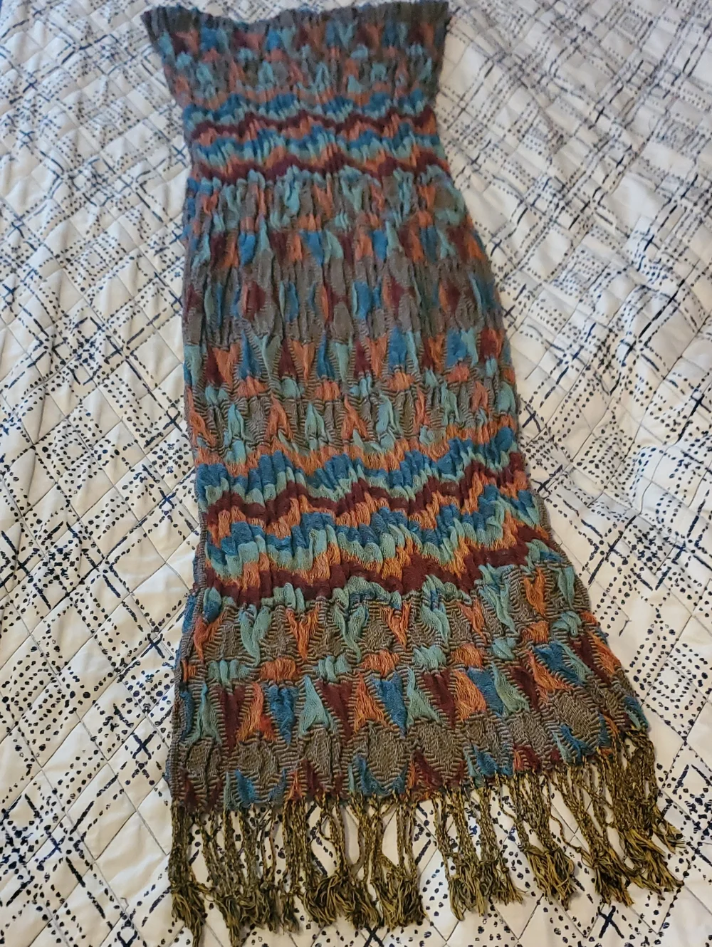 Vintage Italian Multicolor Rainbow Ripple Knit Fringe Scarf